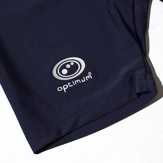 Close-up of navy Optimum Multi-X shorts leg hem with white Optimum logo - Optimum