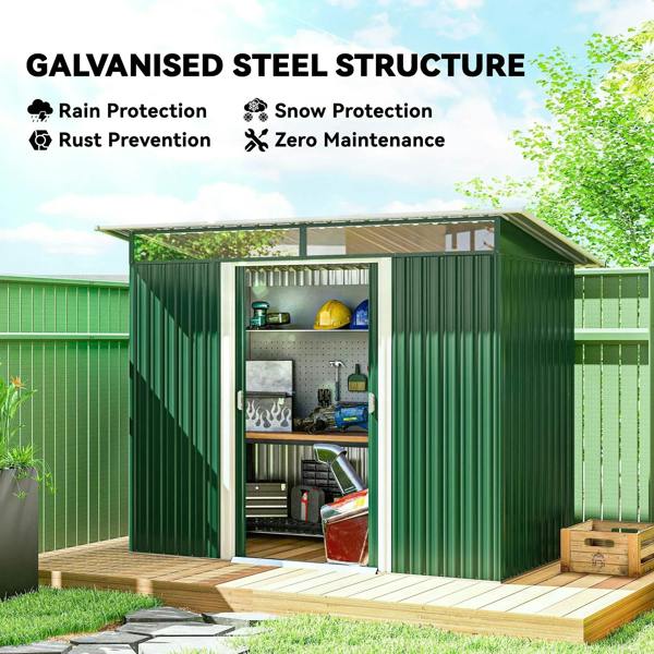 Green metal storage shed with open double doors and interior shelving