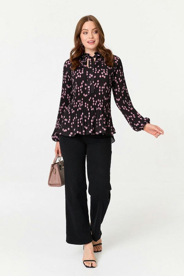 Pink | Spotty Print Long Sleeve Pleated Blouse