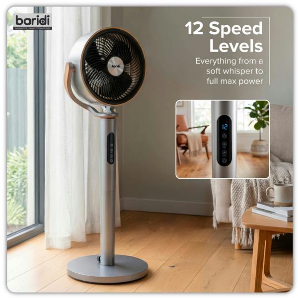 Dellonda Baridi 12" Adjustable-Height Pedestal Fan with Remote Control, Back Light Function & 12hr Timer, Grey - DH264