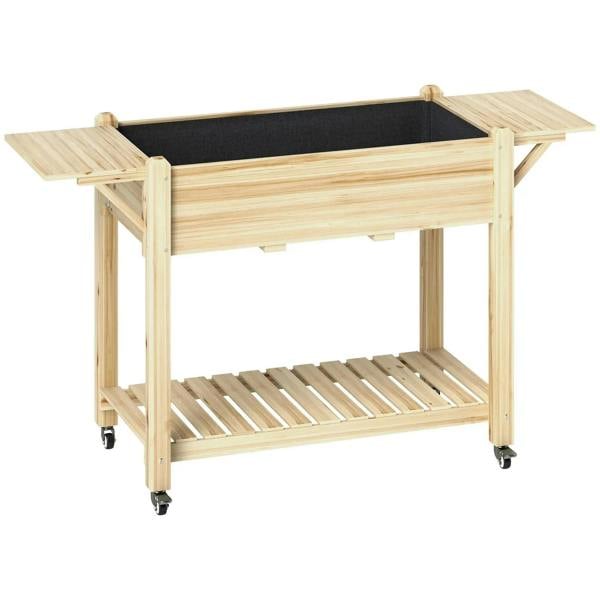 Natural wood raised planter with black liner, lower shelf, and rolling legs