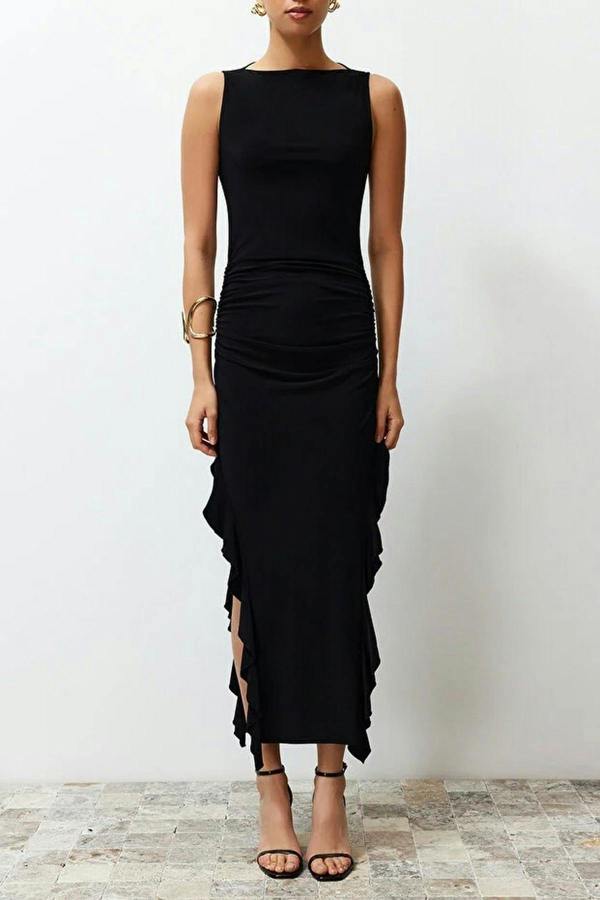 WOVCOR Bodycone Sleeveless Maxi Pencil Dress with Slit and Ruffle Detail