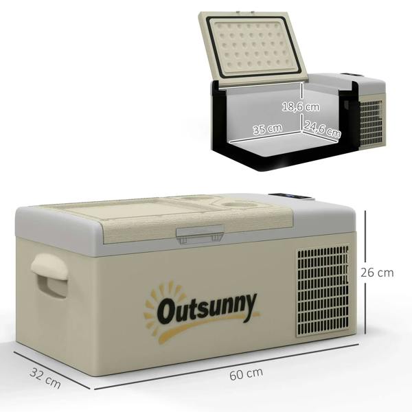 Khaki and grey portable car refrigerator with open lid showing interior light and top panel