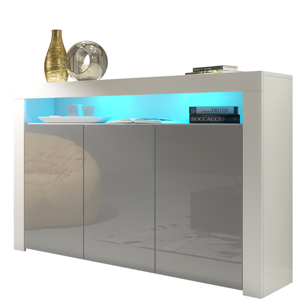 Mex Furniture 155cm Sideboard TV Stand Cupboard Cabinet – Grey High Gloss Doors with Free LED