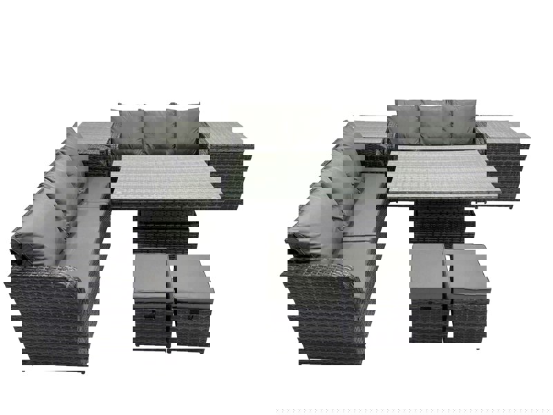 Fimous Rattan Garden Furniture Dining Set 8 seater Height Adjustable Rising Table Sofa Set with 2 Side Table 2 Small Footstools Dark Grey Mixed