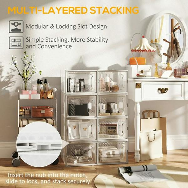 Clear plastic stackable shoe organizer with locking slot style design for stability