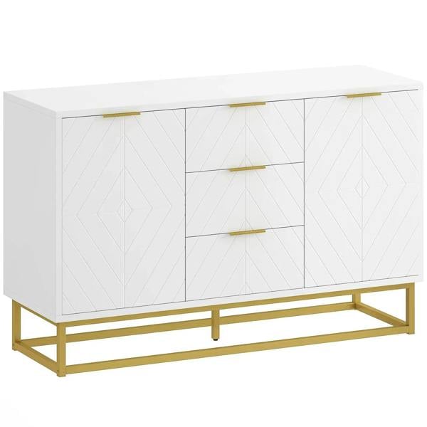 White sideboard with geometric front panels, gold bar handles, raised gold frame base.