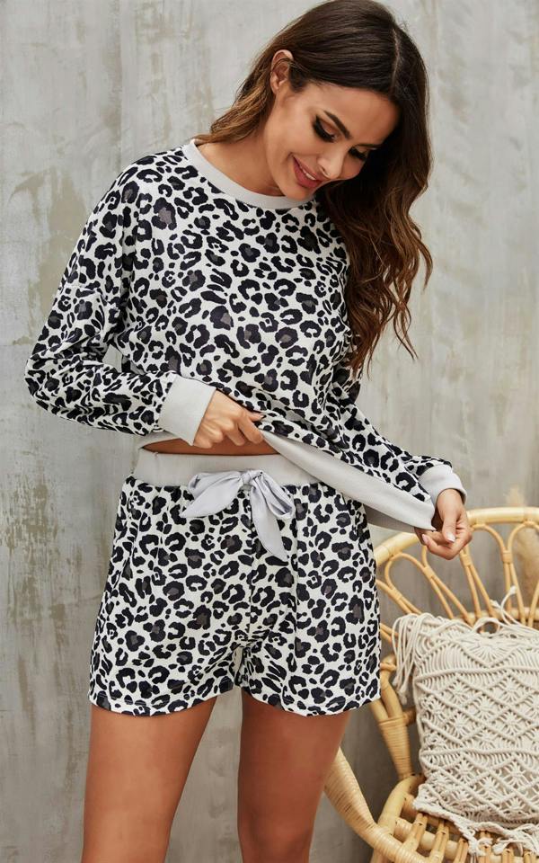 FS Collection Sliver Grey Velour Loungewear Co Ord Set In Black Leopard