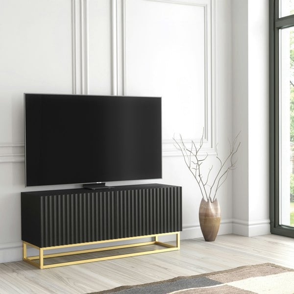 Mex Furniture Modern Black TV Unit with Gold Base 100cm – Fluted Fronts & Push-Down Doors