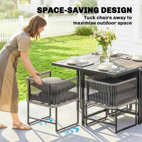 4-Seater Garden Dining Set, Rattan Outdoor Furniture with Space-Saving Chairs and Thick Cushions for Patio Balcony, Black