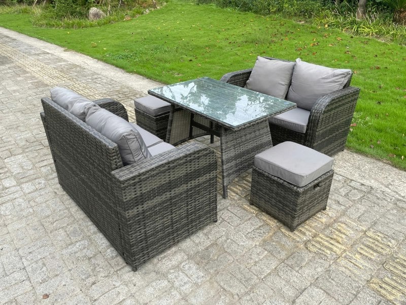 Fimous Rattan Garden Furniture Set 2 Seater Curved Arm Double Love Sofa Sofa Oblong Dining Table