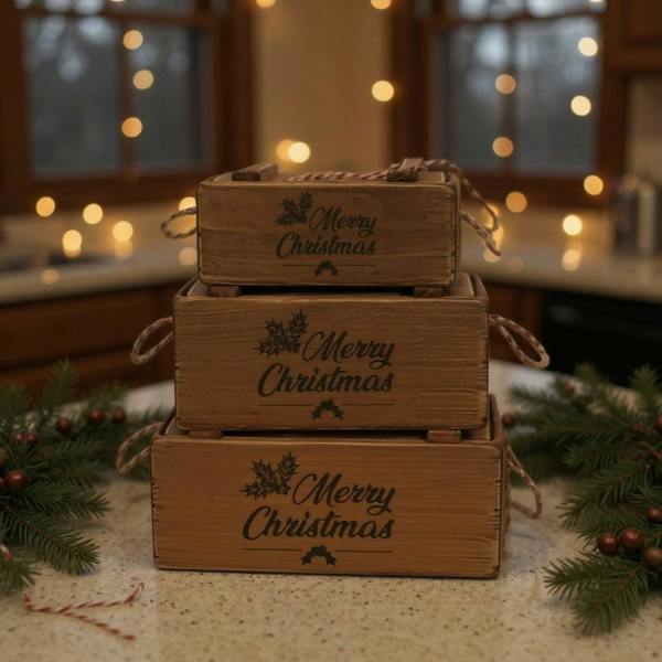 SET 3 WOODEN CRATES WITH LIDS ROPE HANDLES