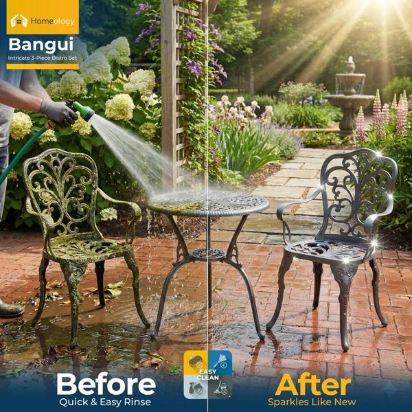 Homeology BANGUI Grey Luxurious Garden and Patio Table and 2 Large Chairs with Armrests Cast Aluminium Bistro Set