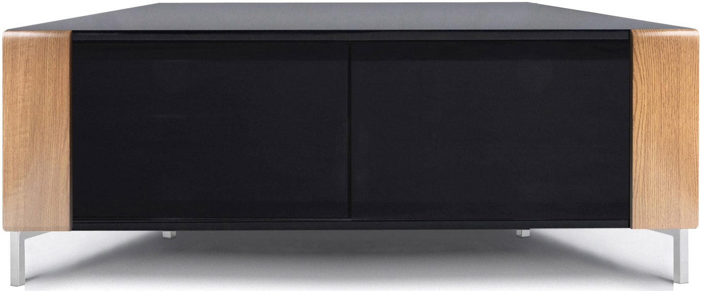 MDA Designs CORVUS Corner-Friendly Gloss Black Contemporary Cabinet with Oak Profiles Black BeamThru Glass Doors for Flat Screen TVs up to 50"