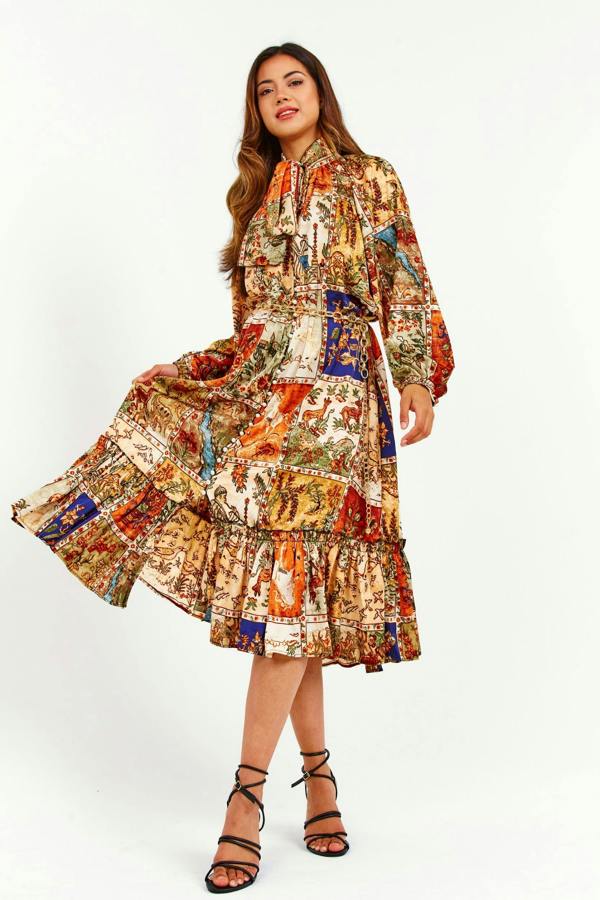 LuvForever Oriental Print Ruffle Midi Dress