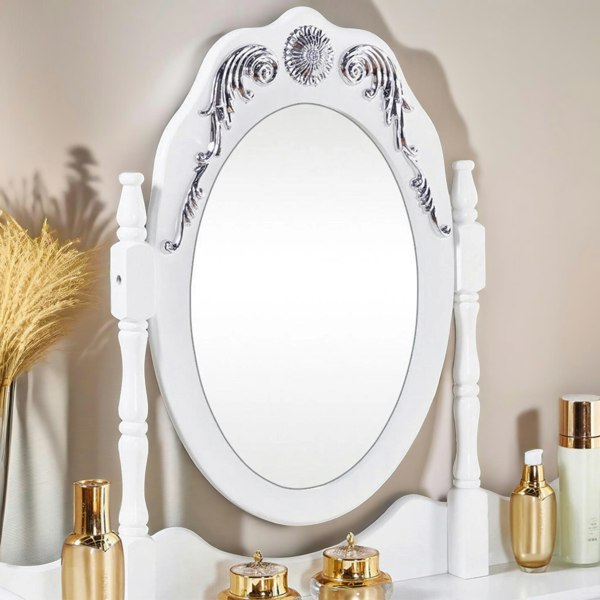 Rafaelo Mobilia 5 Drawer White Dressing Table With Round Mirror And Stool