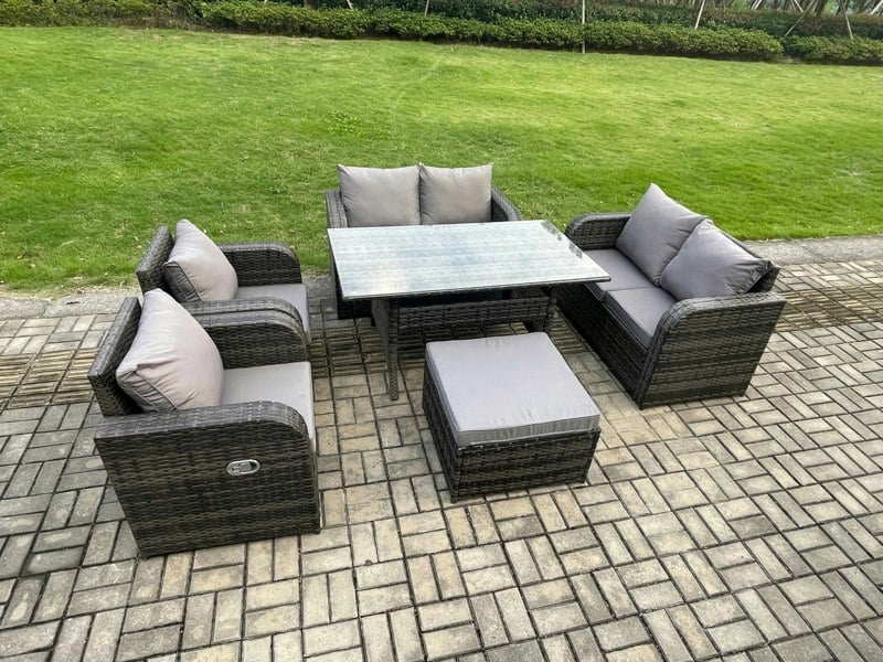 Fimous Rattan Outdoor Furniture Garden Dining Set Rectangular Table and Chair Sofa Set With Big Footstool Dark Grey Mixed