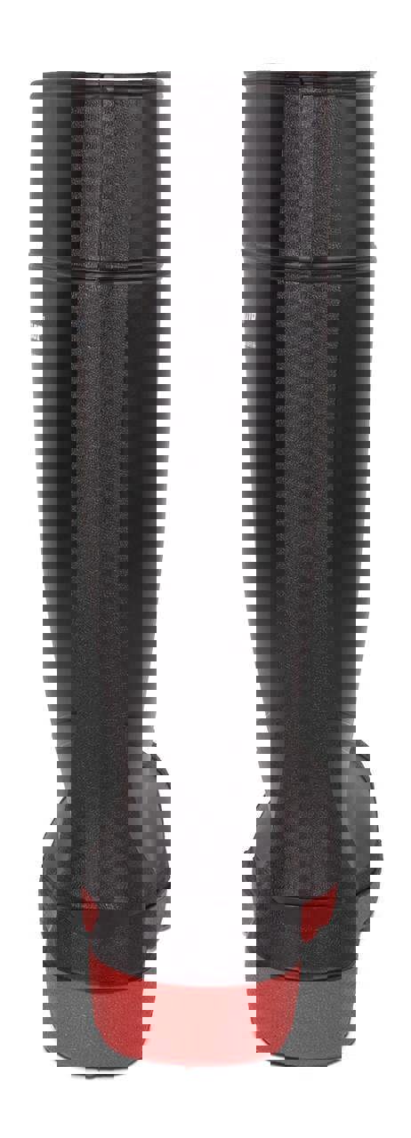 Dunlop Acifort Warwick Steel Toe/Midsole Work S5 Wellington Wellies, back view showing the black waterproof rubber boot with steel toe cap and midsole, red outsole for slip resistance, and adjustable top for secure fit.