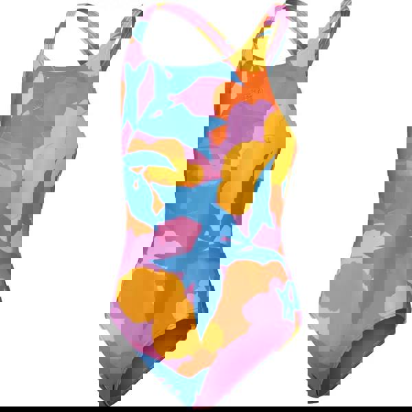 Vibrant multicolored floral girls allover medalist swimsuit in blue orange