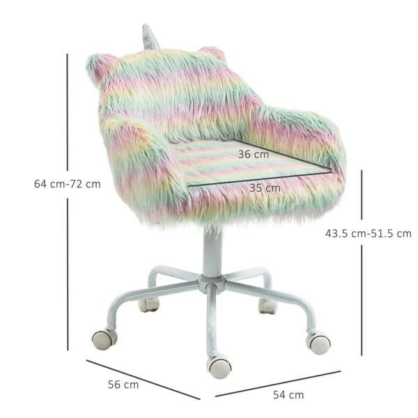 Rainbow fluffy unicorn-themed desk chair with armrests and wheeled height-adjust base