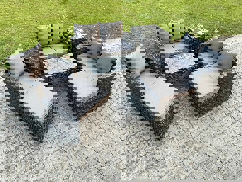 Fimous 7 Seater Outdoor Rattan Patio Furniture Set Garden Lounge Sofa Set with Side Table 2 Big Footstool Coffee Table Dark Grey Mixed