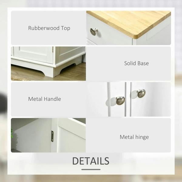 White sideboard details: rubberwood top, metal handles, metal hinges, and solid base