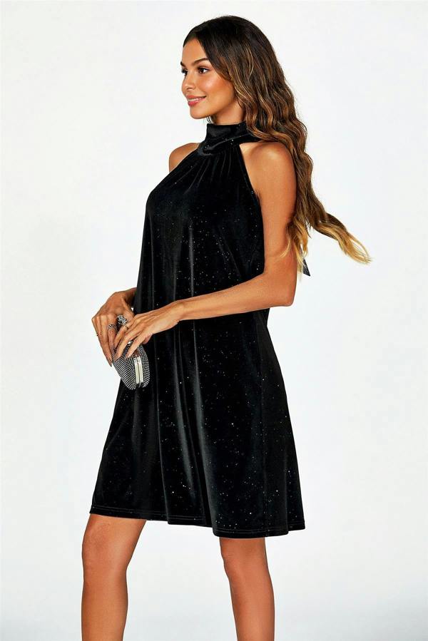 FS Collection Silver Foil Velvet Halter Neck Tie Back Mini Dress In Black