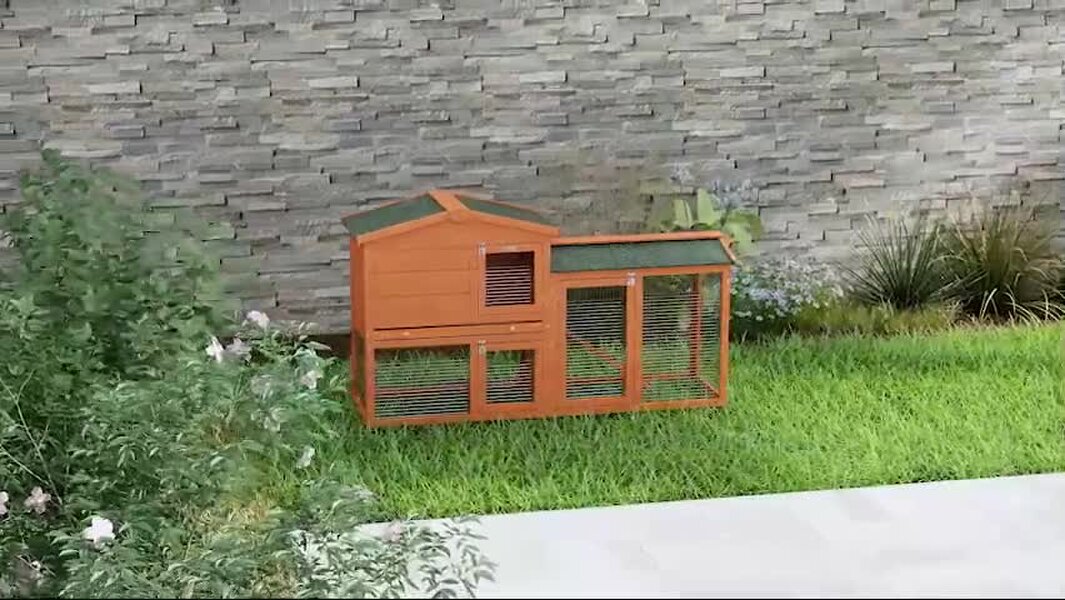 PawHut Wooden Rabbit Hutch with Run, Ramp, Slide-Out Tray