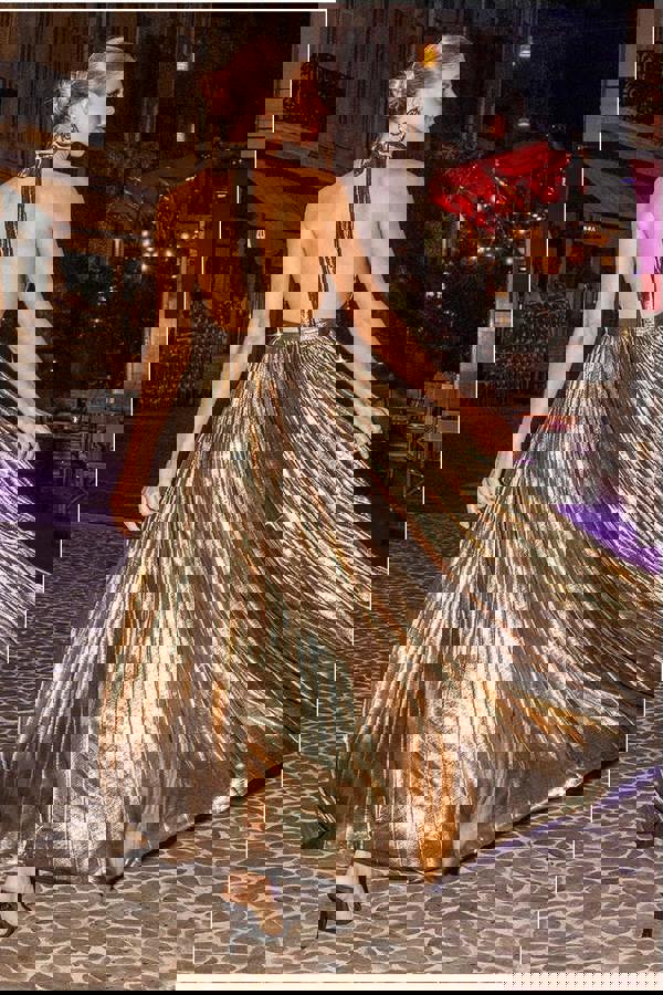 Sunrise Foil Halterneck A-Line Maxi Dress - Bronze DR4697