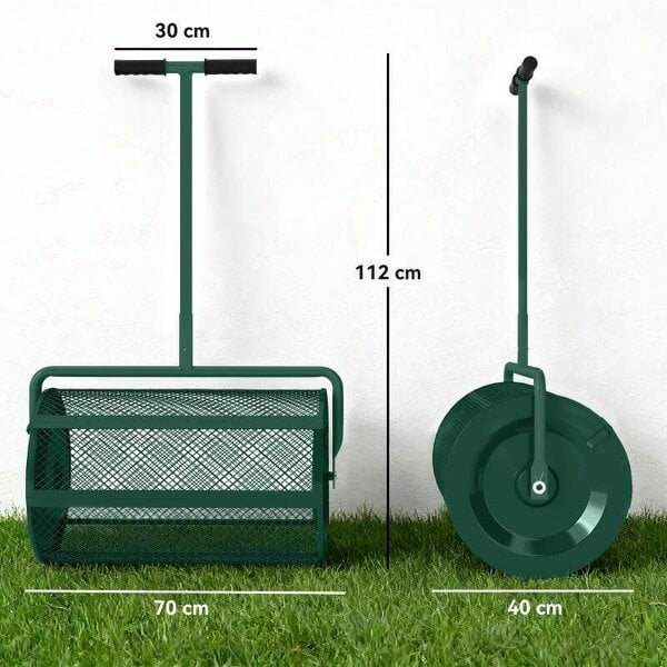 Compost Spreader, 24" Peat Moss Spreader -Height Adjustable T Shaped Handle & Metal Mesh Basket, Garden Spreader for Seeding, Spreading Manure