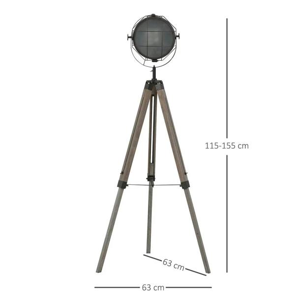 Grey floor lamp tripod with round adjustable spotlight head and wood legs
