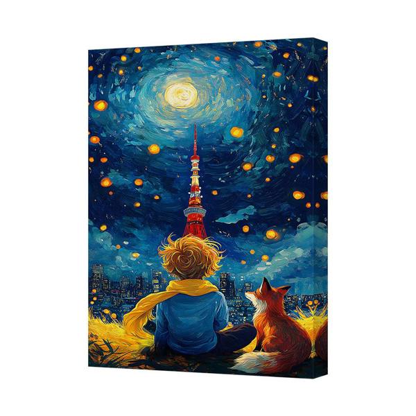 Benjamin Tate Design Handmade Canvas Art Print Tokyo Tower Night Sky With Deep Wooden Frame