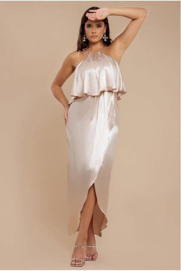 Satin Viscose Front Wrap Midaxi Dress - Champagne DR4002