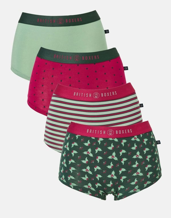 British Boxers Multipack! 4 Pairs of Women's Bamboo Hipster Boxer Briefs – Forest Berry