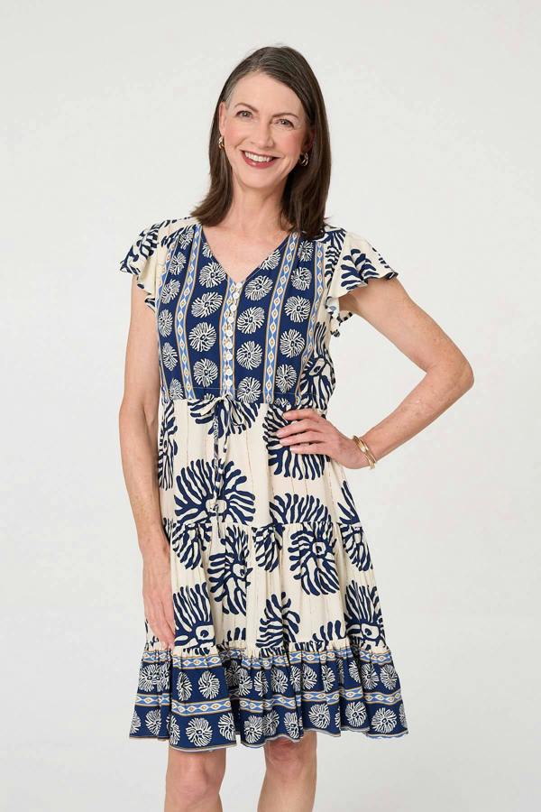 Blue | Floral Border Print Knee Length Dress