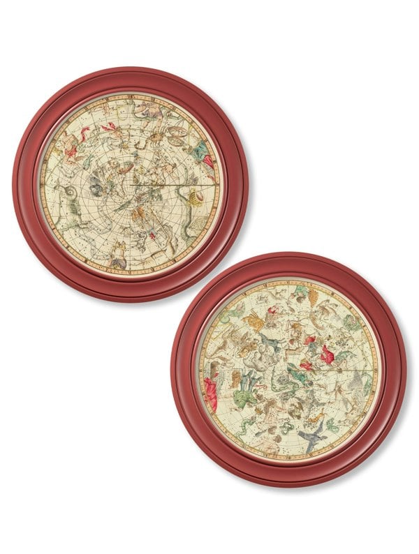 Exceptional Art c.1820 Map of Constellations - Round Frame Red