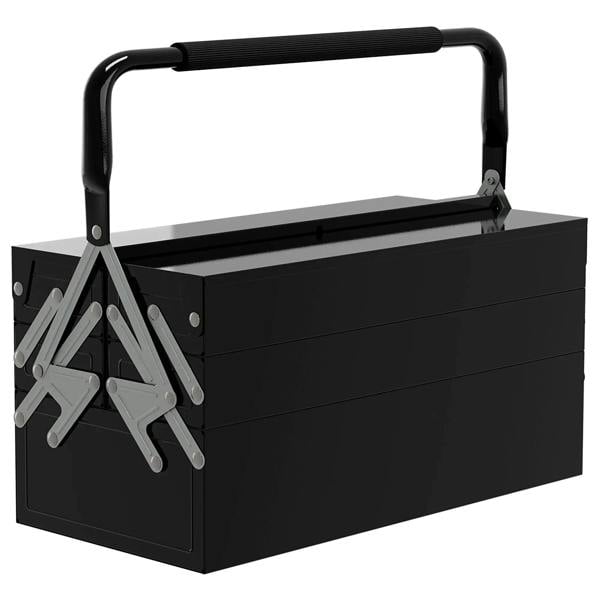 Black 3-tier metal toolbox with top carry handle and folding metal connectors