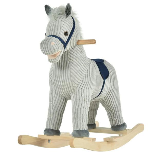 Grey plush rocking horse with navy saddle and wooden rocker base, front-left view
