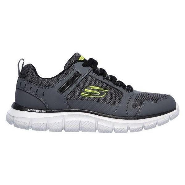 Skechers Track Knockhill Mens Sports Gym Walking Lace Up Trainers, grey and black athletic sneakers with breathable mesh upper and cushioned white sole.