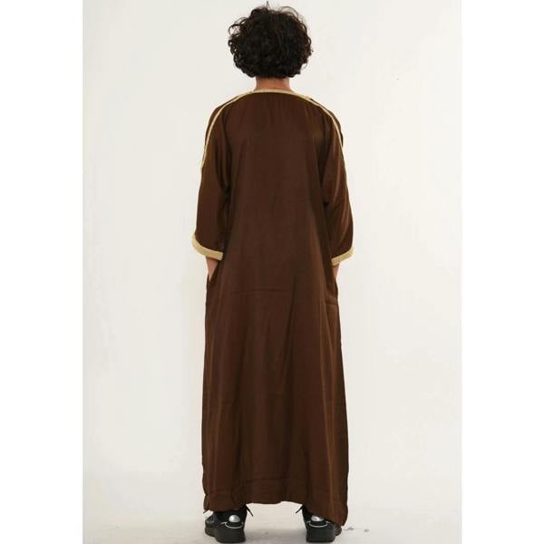 Boy's Moroccan Thobe Half Sleeve Gandoura Embroidery Kaftan - Brown Beige - Thobez - 7