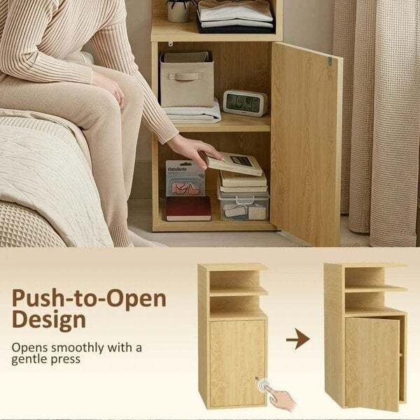 Slim Bedside Table Set of 2, Narrow Bedside Cabinet with Open Cubbies and Cupboard for Bedroom Living Room, Oak