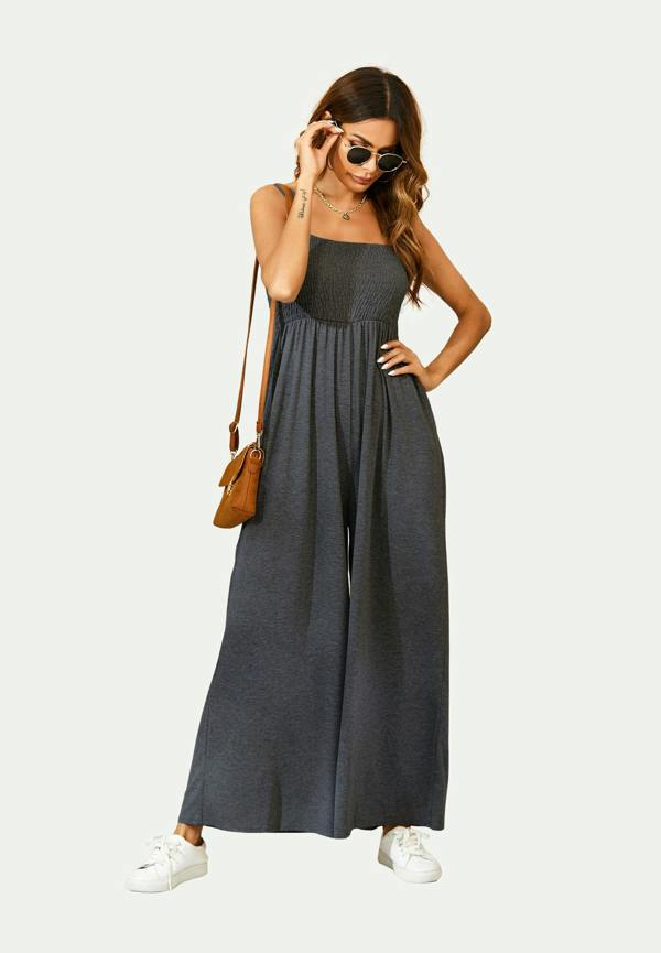 FS Collection Strappy Bardot Loungewear Jumpsuit In Charcoal Grey