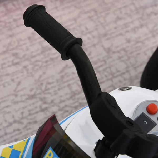 Black anti-slip handlebar and control buttons on a blue and white police ride-on bike