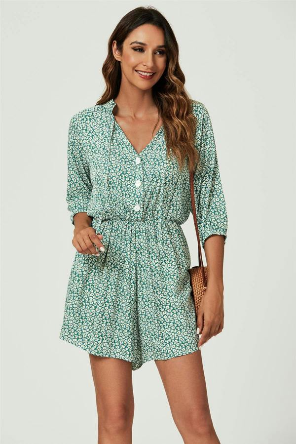 FS Collection Daisy Floral Print Boho Playsuit With Buttons In Green