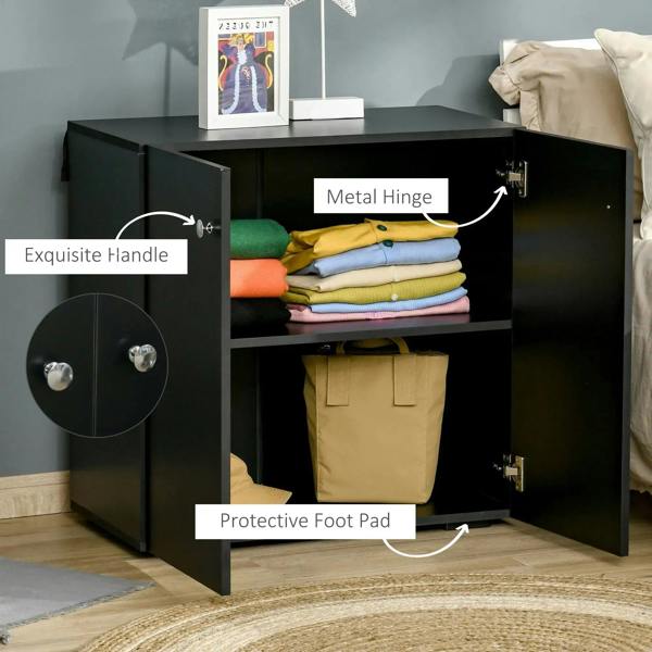 Black cabinet with metal hinges, protective foot pads, and two shelves