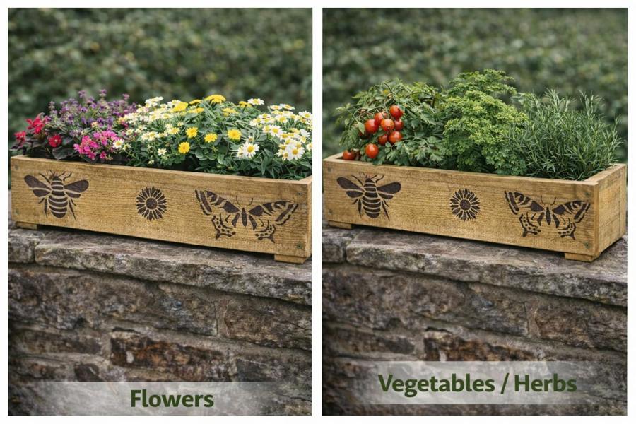 Decorated rough sawn garden trough used for flowers and herbs side by side
