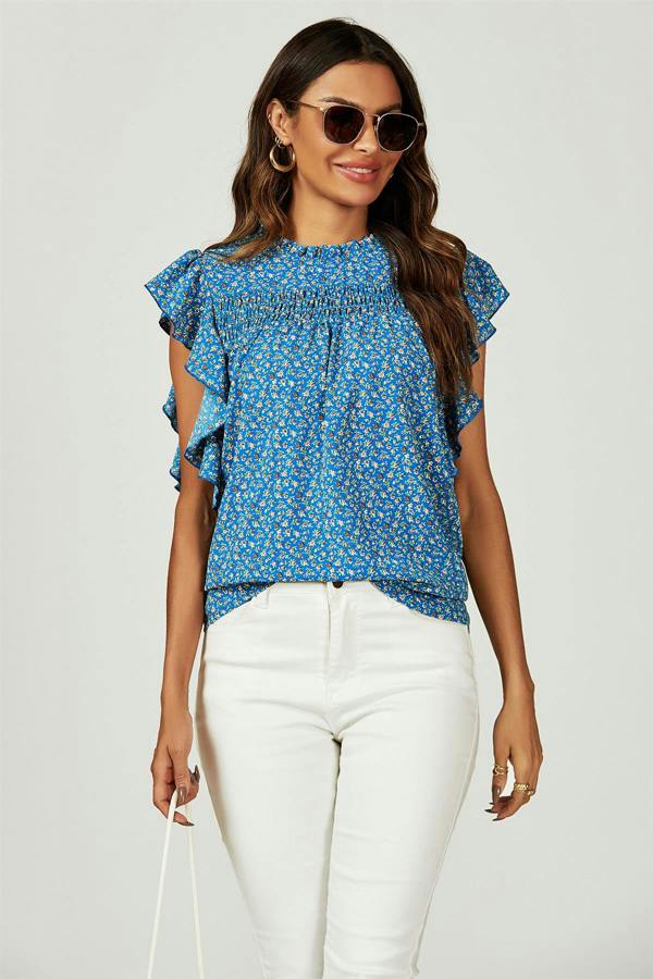 FS Collection Floral Print Frill Hem Short Sleeve Blouse Top In Blue