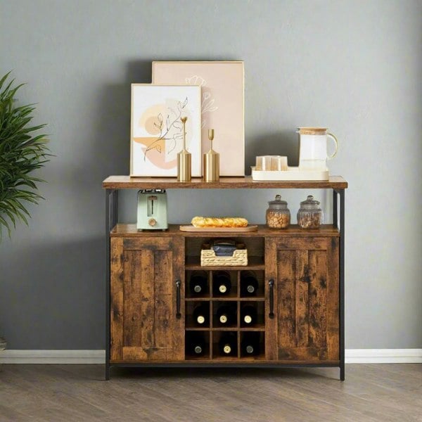 Modcraft Rustic Sideboard Buffet Table with Wine Rack – Storage Cabinet for Kitchen or Dining Room