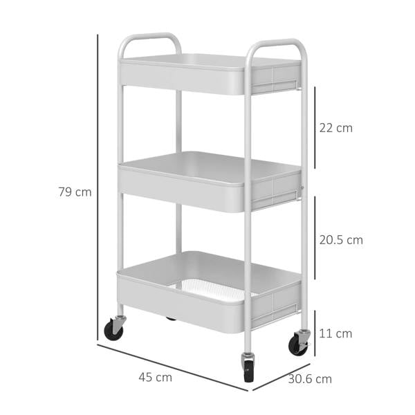 White three-tier steel storage trolley with side handles and rolling caster wheels