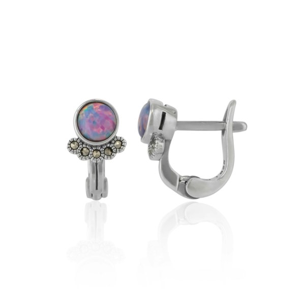 Spero London Sterling Silver High Quality Round Purple Opal Earrings With Marcasite Jewels